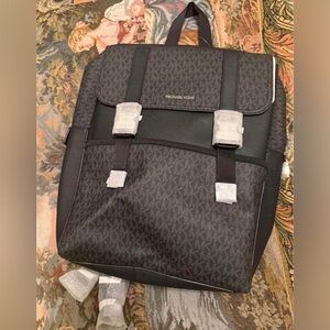 Michael Kors Dark Brown/Black Monogram Backpack with Silver Hardware